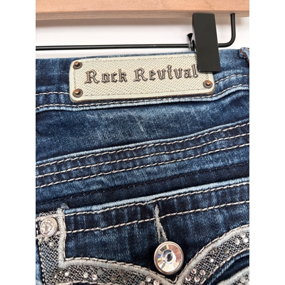 Rock Revival Western Y2K Iselin Easy Boot Jeans 31 Dark Wash Rhinestone - Picture 3 of 10